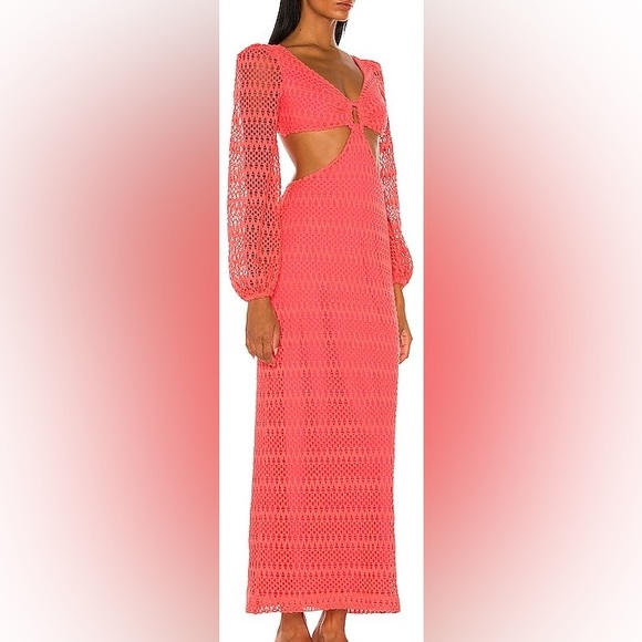 New PatBO Crochet Cut Out Neon Coral Maxi Dress NWT Size 4 - Picture 2 of 7
